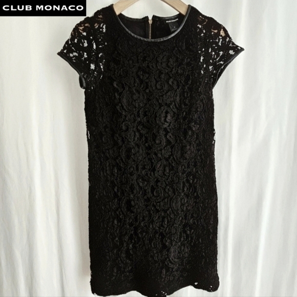 CLUB MONACO Witherbee Black Lace Crewneck Leather Trim Short Sleeve Mini Dress - Picture 1 of 16